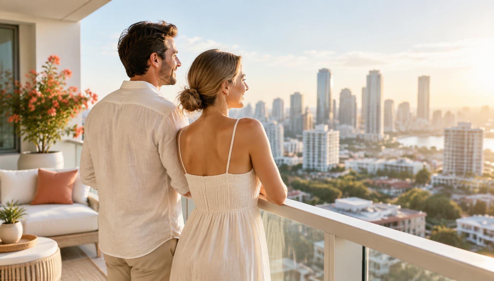 Two people standing on a bright balcony looking out over a city skyline at sunrise